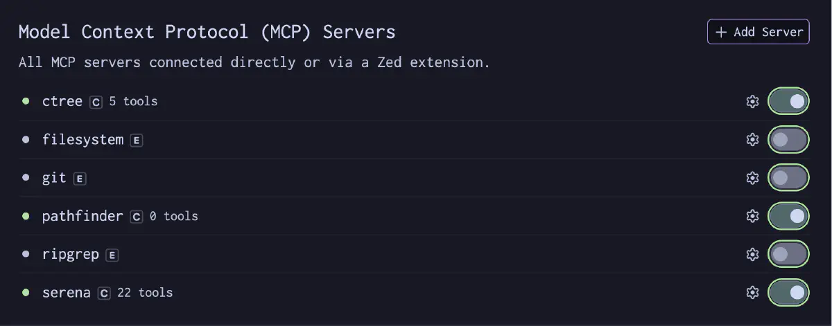 Zed Editor の MCP Servers 画面: ctree (5 tools), pathfinder, serena (22 tools) が並んでいる