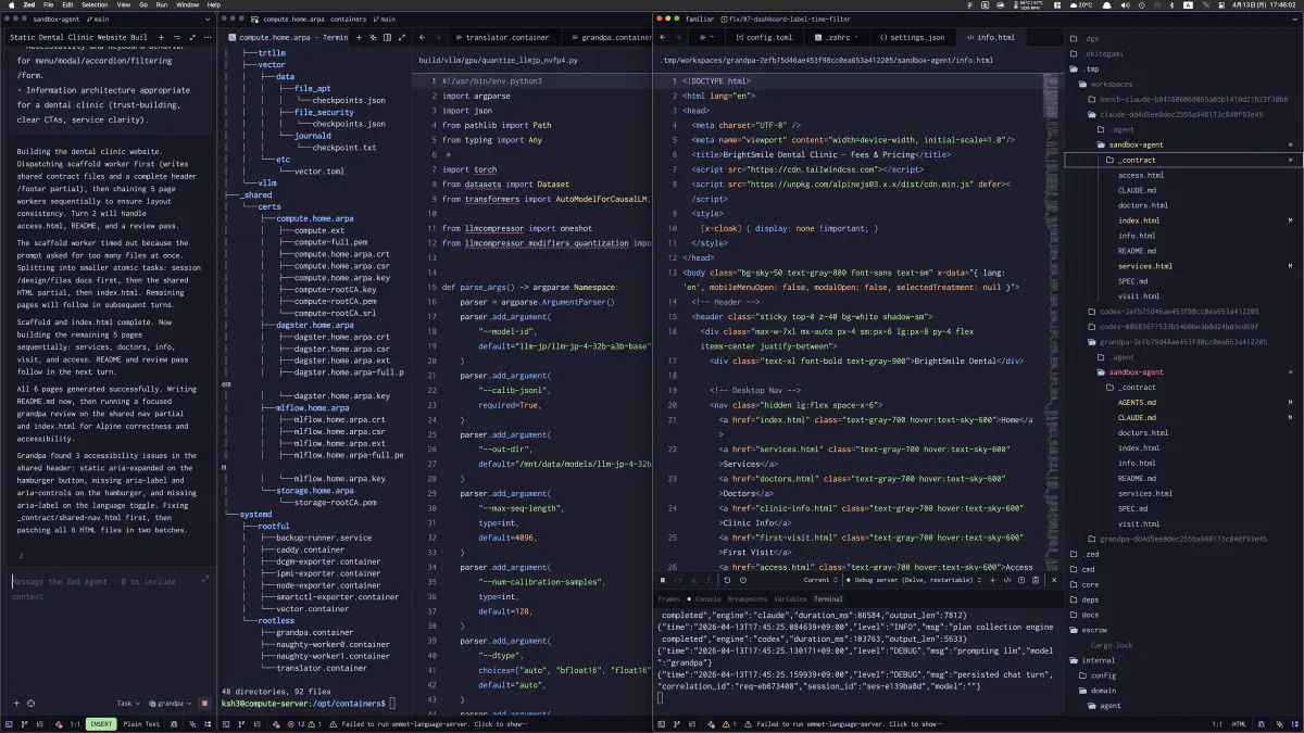 familiar の workspace を見ながら orchestrator と worker の状態を追っている様子