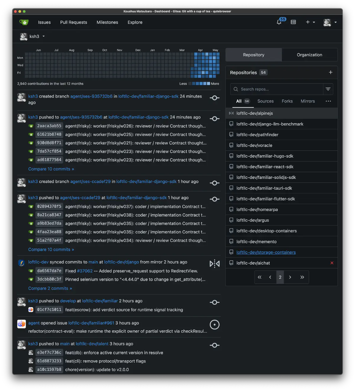 Gitea activity view showing familiar SDK repositories and agent commits