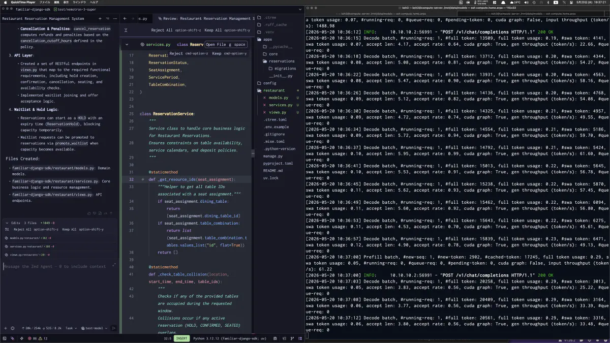 SGLang gemma4-mtpでcoding-agentがDjango予約管理機能を生成している画面