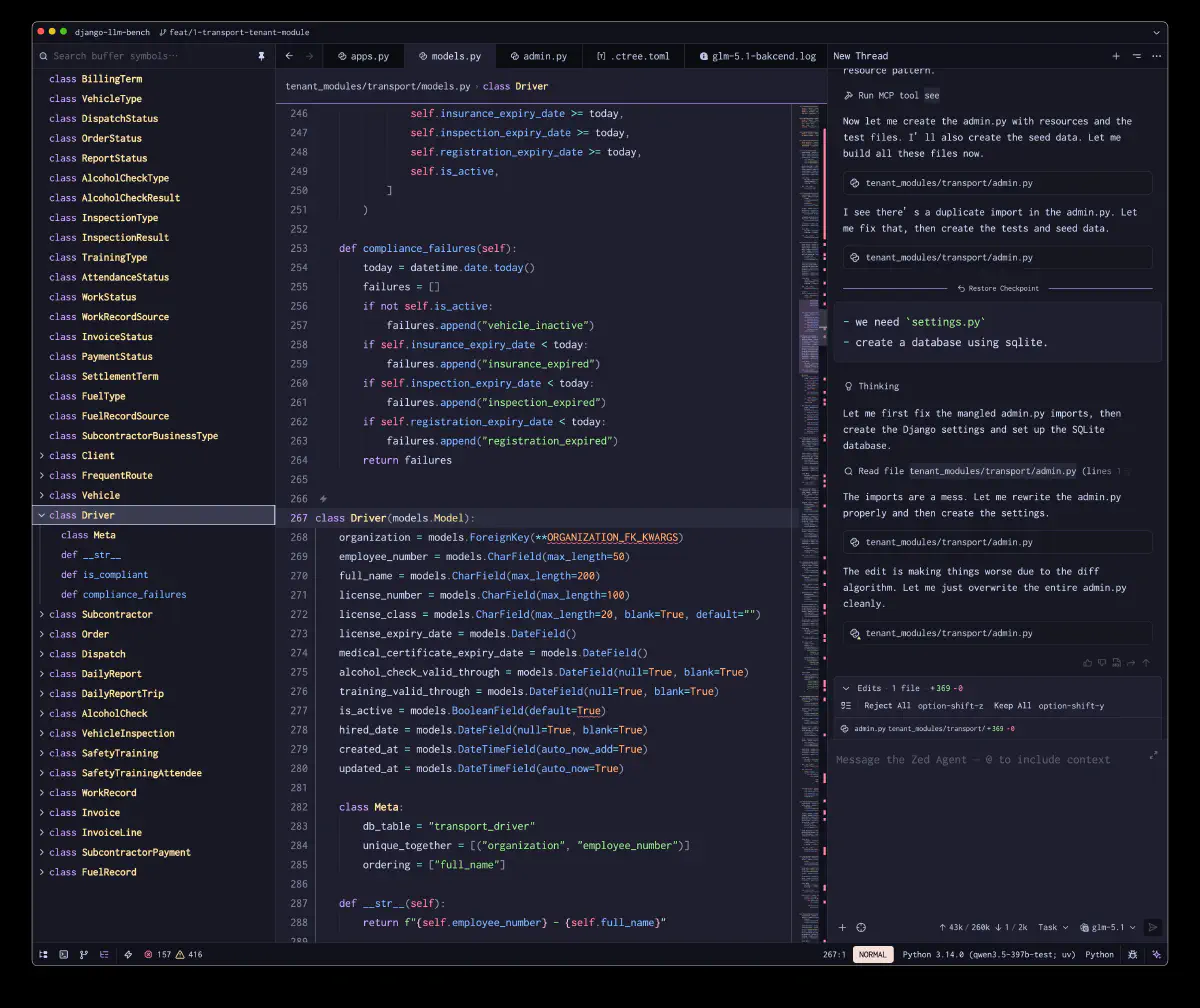 Zed エディタ上で GLM-5.1 が Django transport モジュールを生成している様子