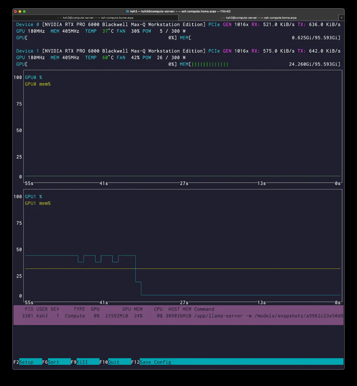 1GPU の cpu-moe 構成で VRAM 使用量は 23GB 台だが TG 改善はほぼない nvtop