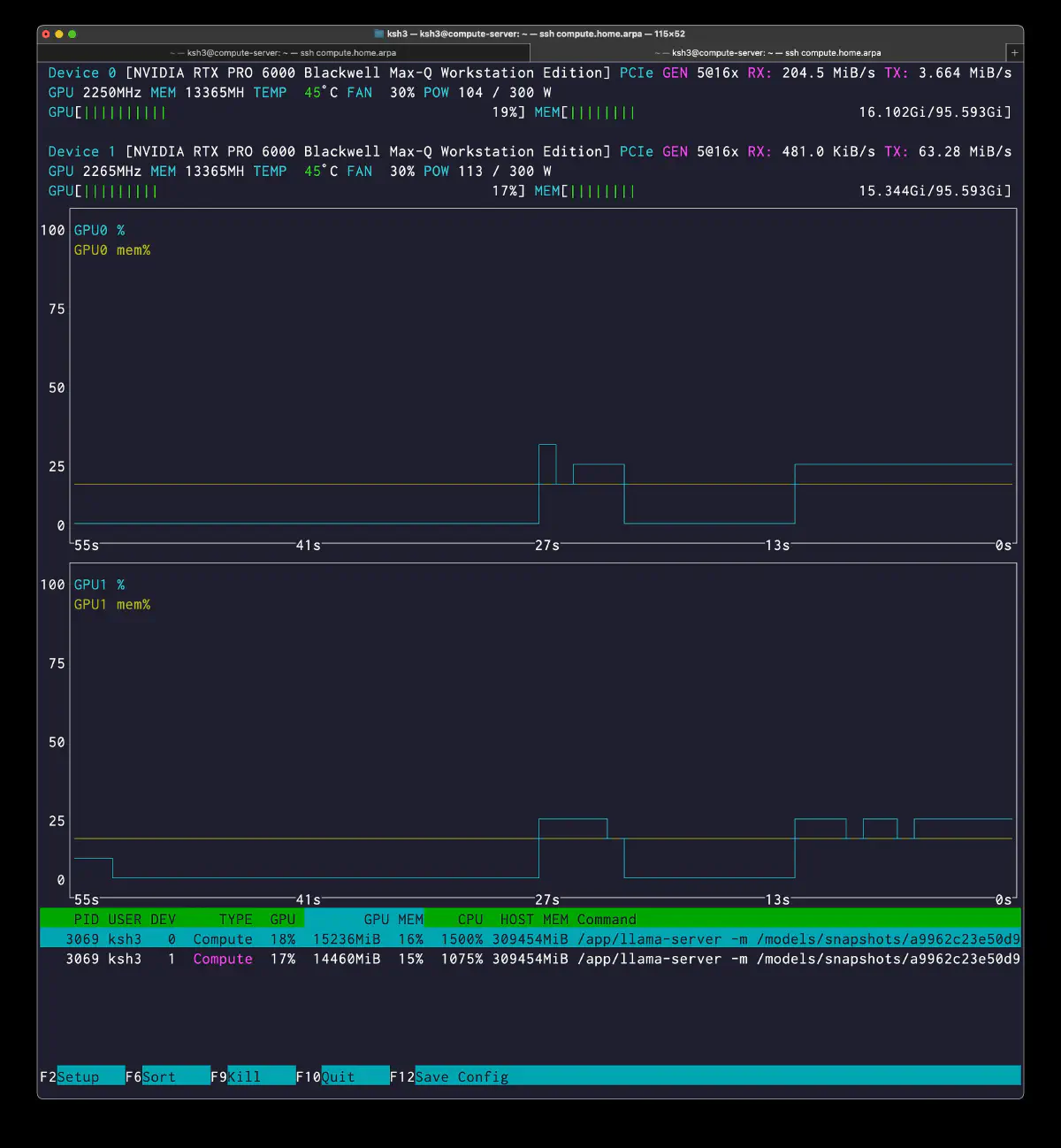 2GPU の exps=CPU ベースラインで GPU 利用率が 20% 未満に張り付いている nvtop