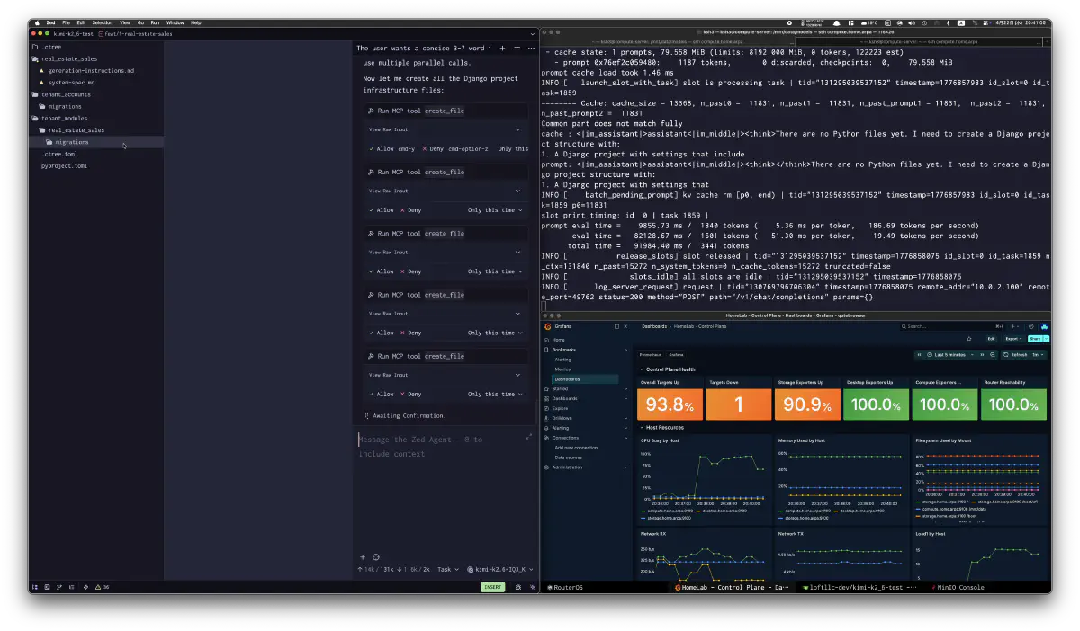Zed の MCP create_file 操作と llm ログ、Grafana を同時に見ている画面