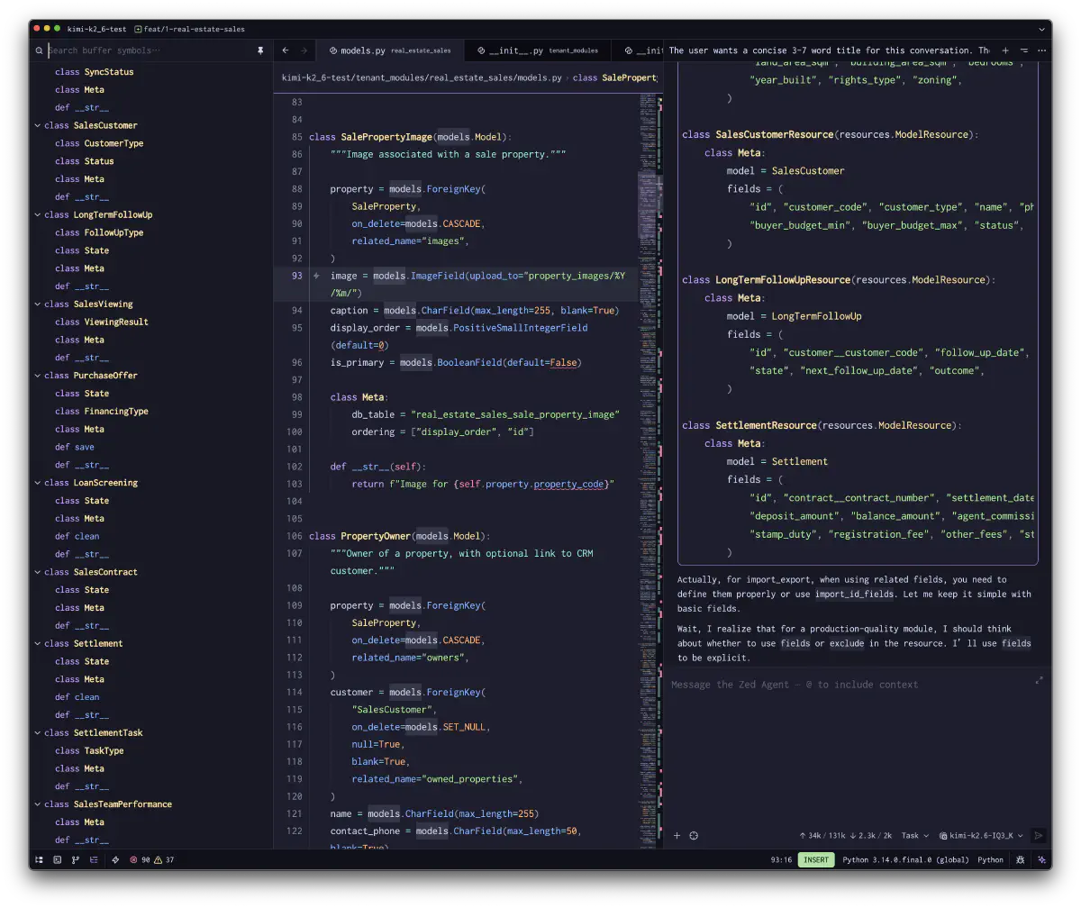 Kimi-K2.6 が Django real_estate_sales モジュールの models と resources を生成している Zed 画面
