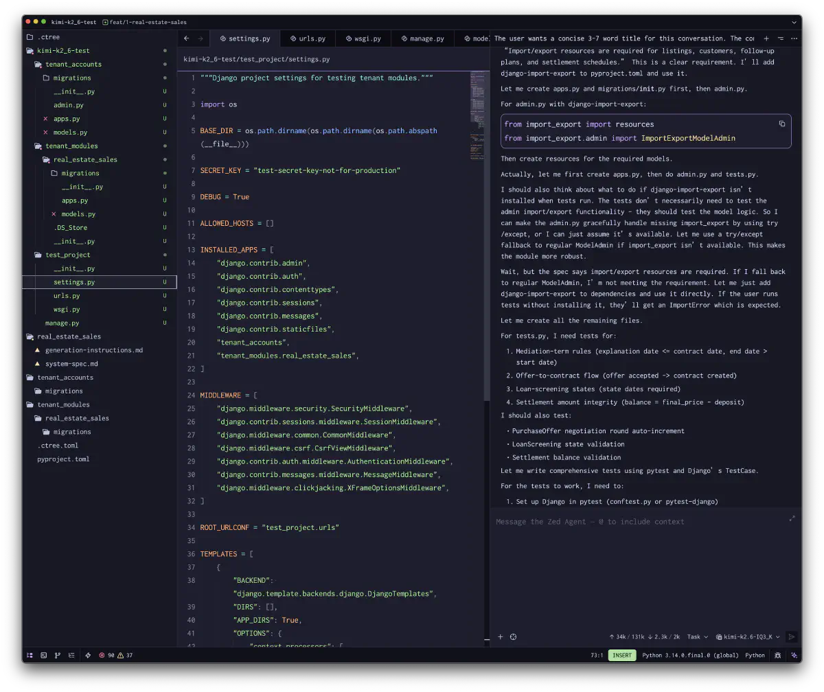 Kimi-K2.6 が Django settings とテスト観点を詰めている Zed 画面
