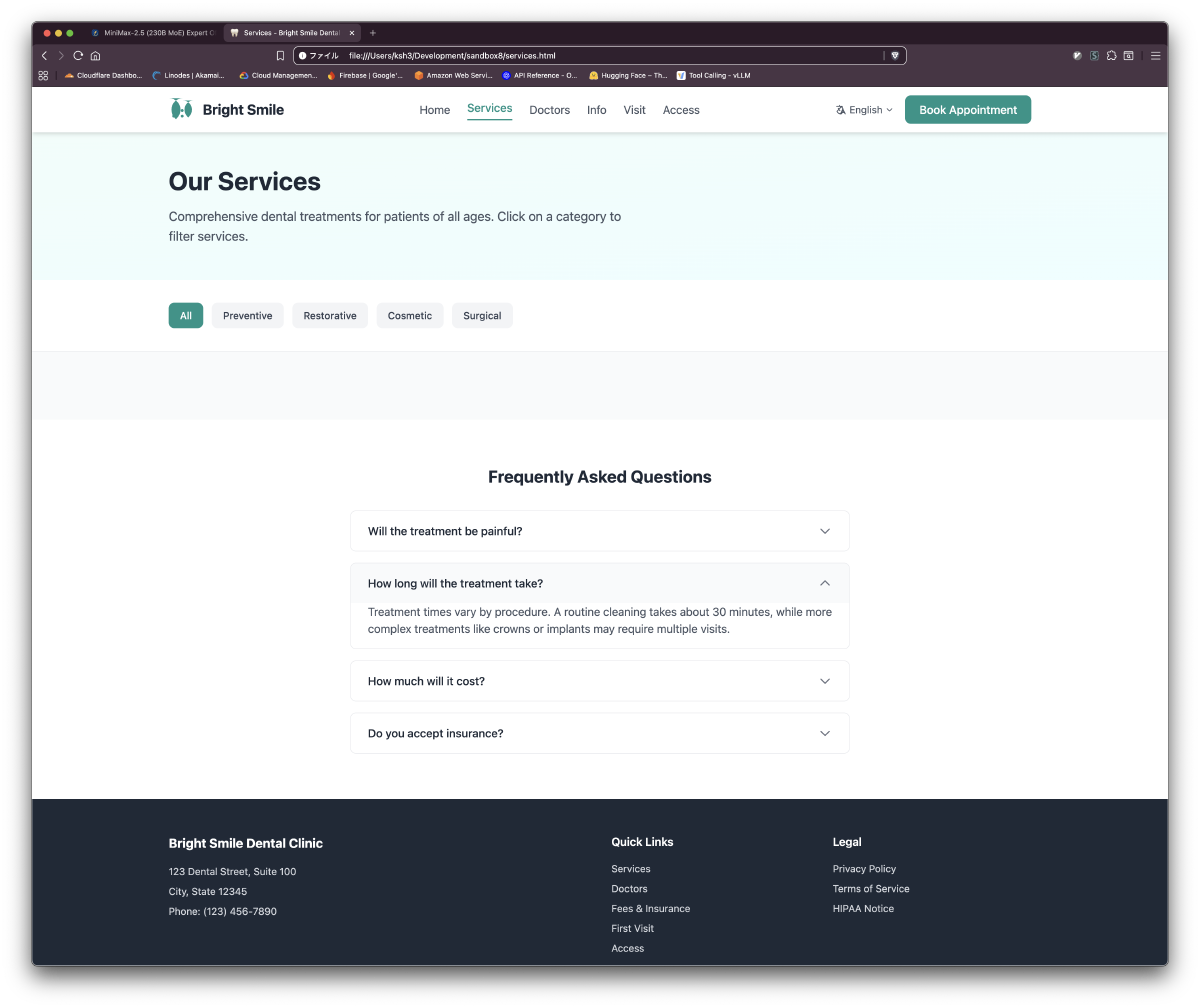 歯科医院サイト：サービスページ カテゴリフィルタとFAQ