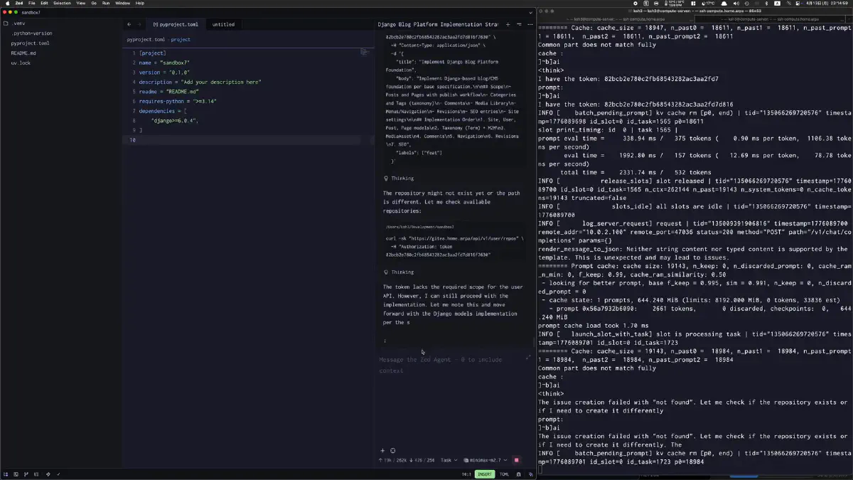 Zed Agent が Django 設定まわりを生成している様子