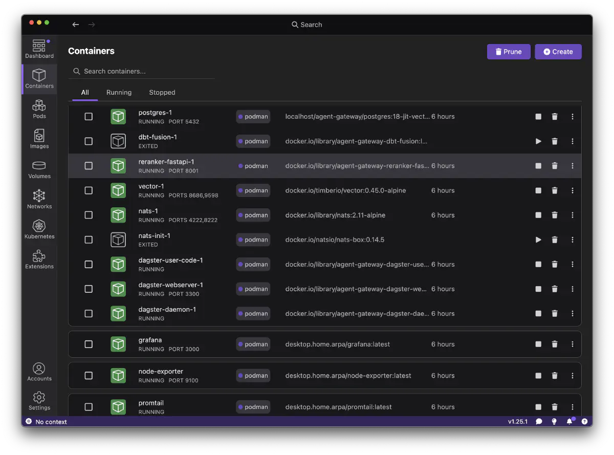 Podman Desktop — devstack コンテナ一覧