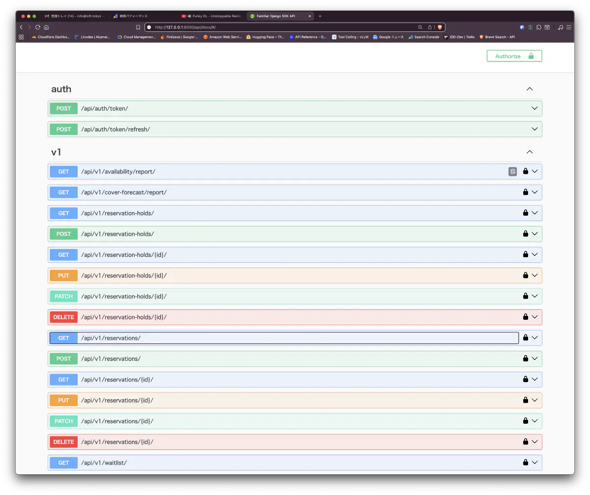 Restaurant DomainのSwagger UIでauth token、reservation-holds、reservations、waitlistなどのAPIが並んでいる画面